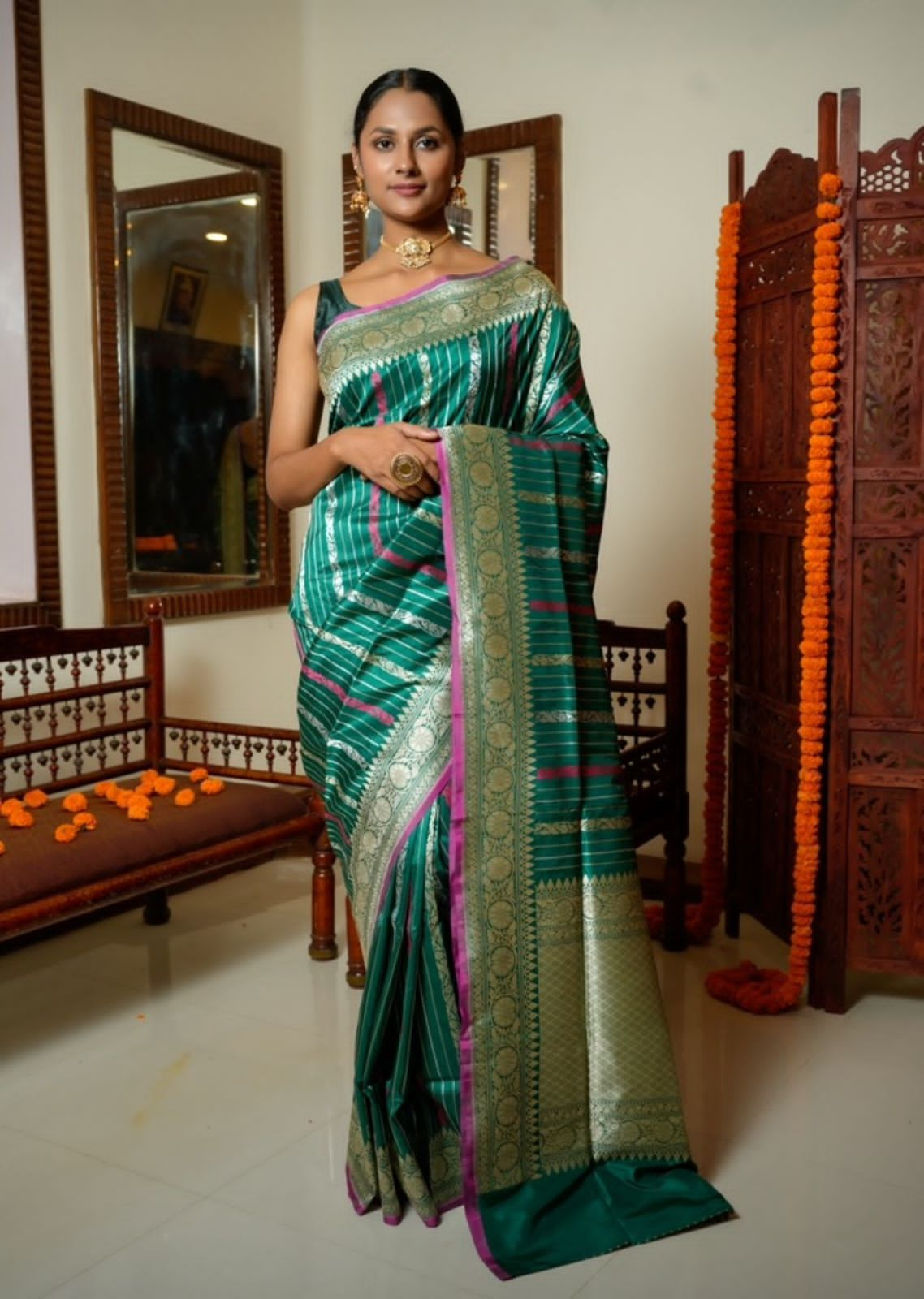 Stripe Design Handloom Pure Katan Silk Banarasi Saree