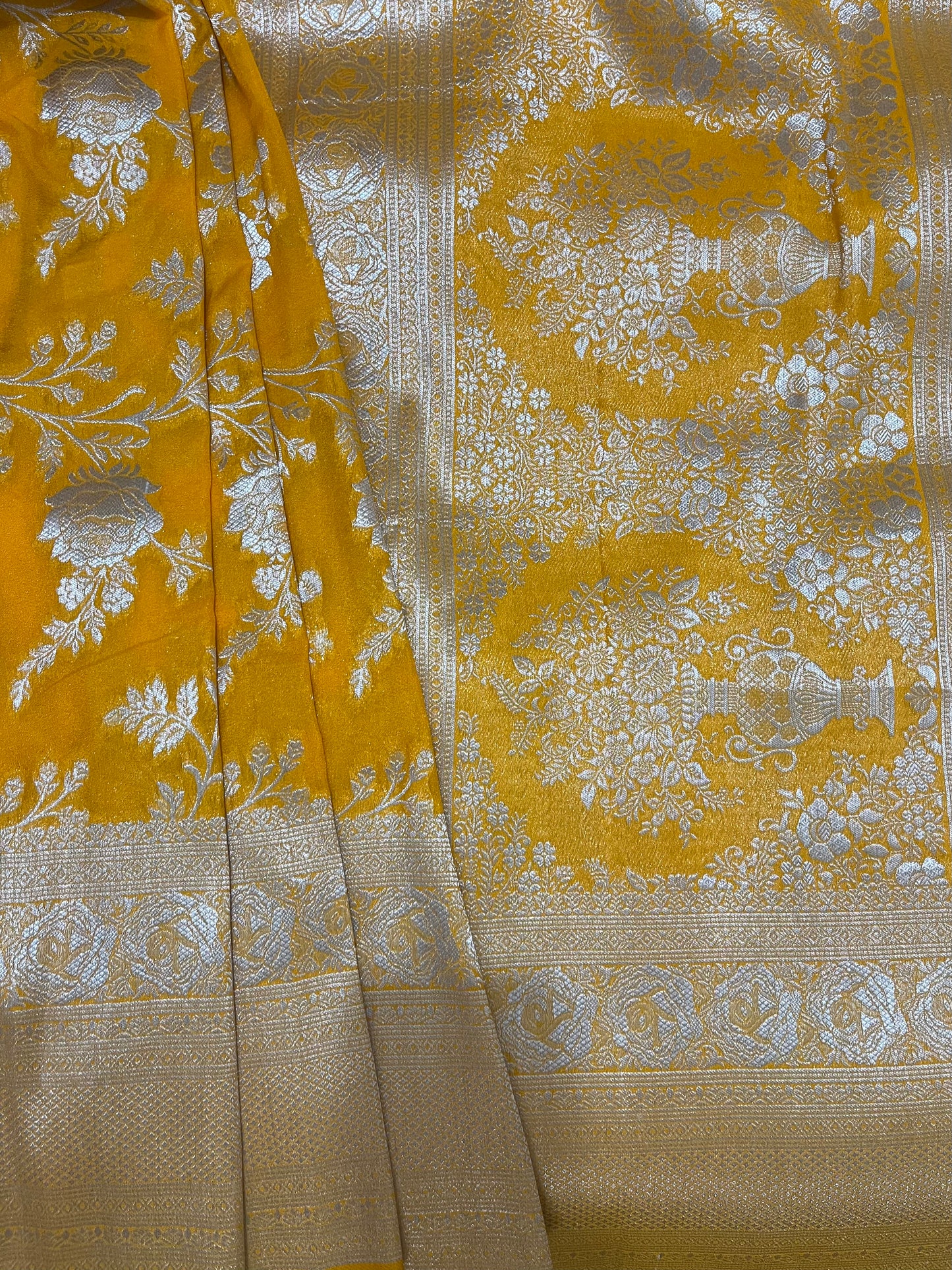 Yellow Georgette with Silver Zari Banarasi Silk Saree