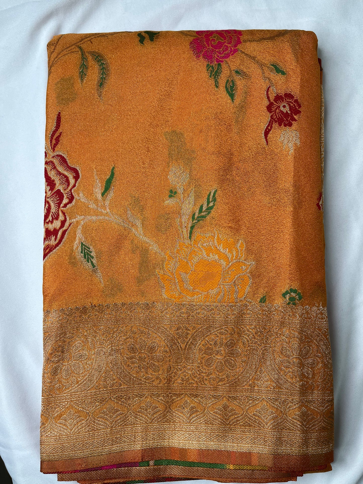 Mustard yellow With floral design Banarasi Silk Saree