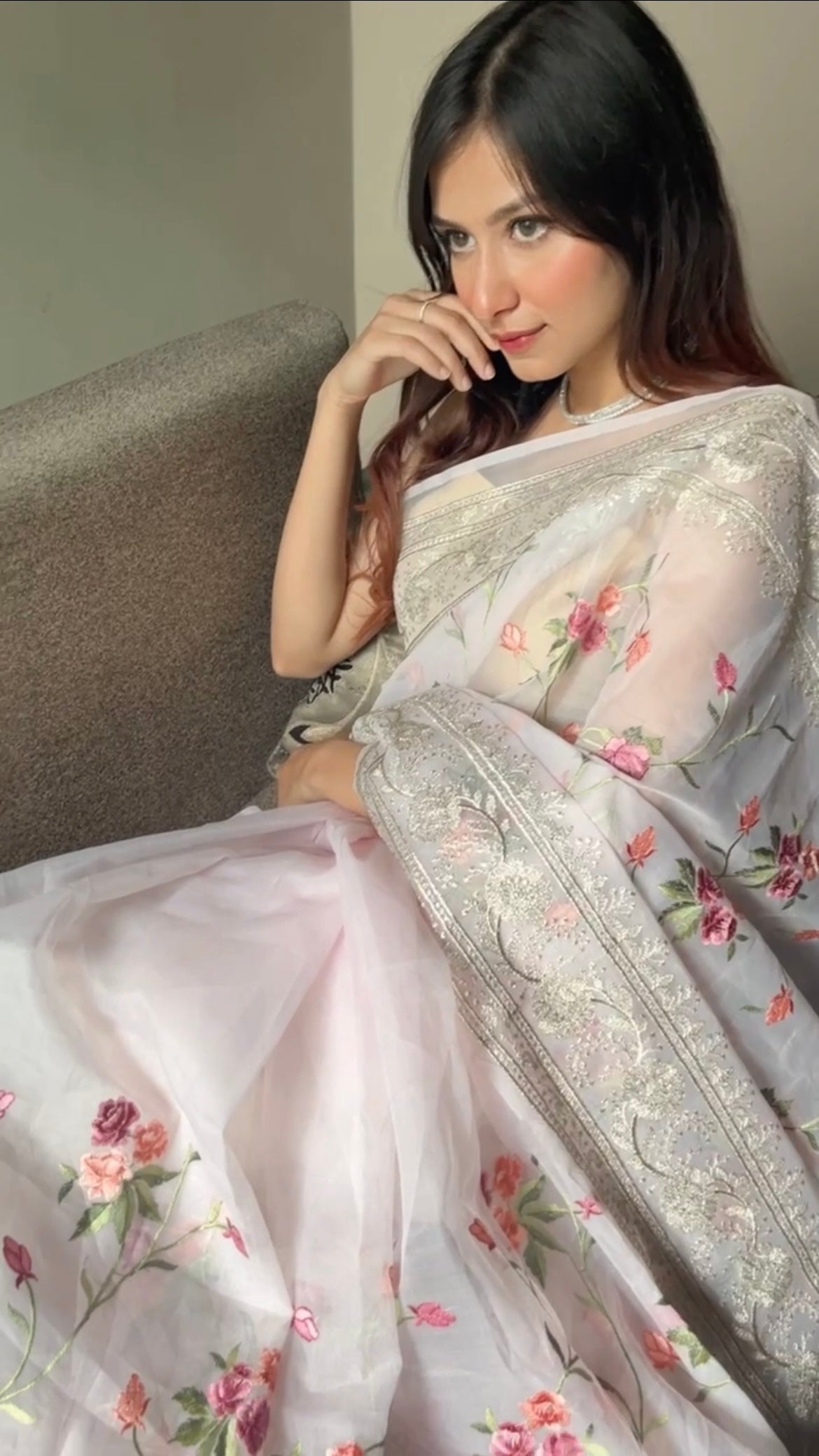 Baby Pink With Floral Embroidery Organza Saree