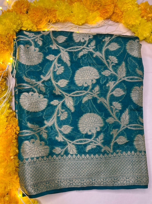 Turquoise Silver Zari Banarasi Silk Saree