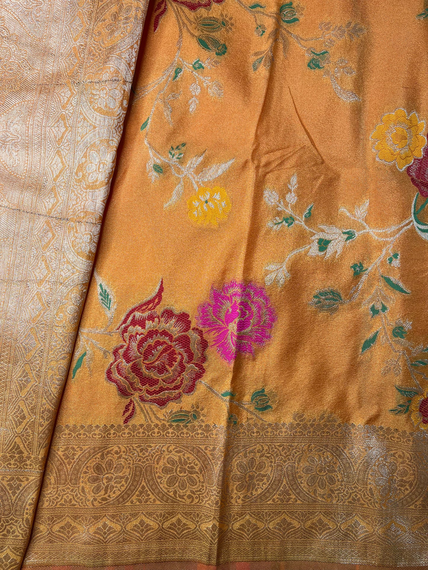 Mustard yellow With floral design Banarasi Silk Saree