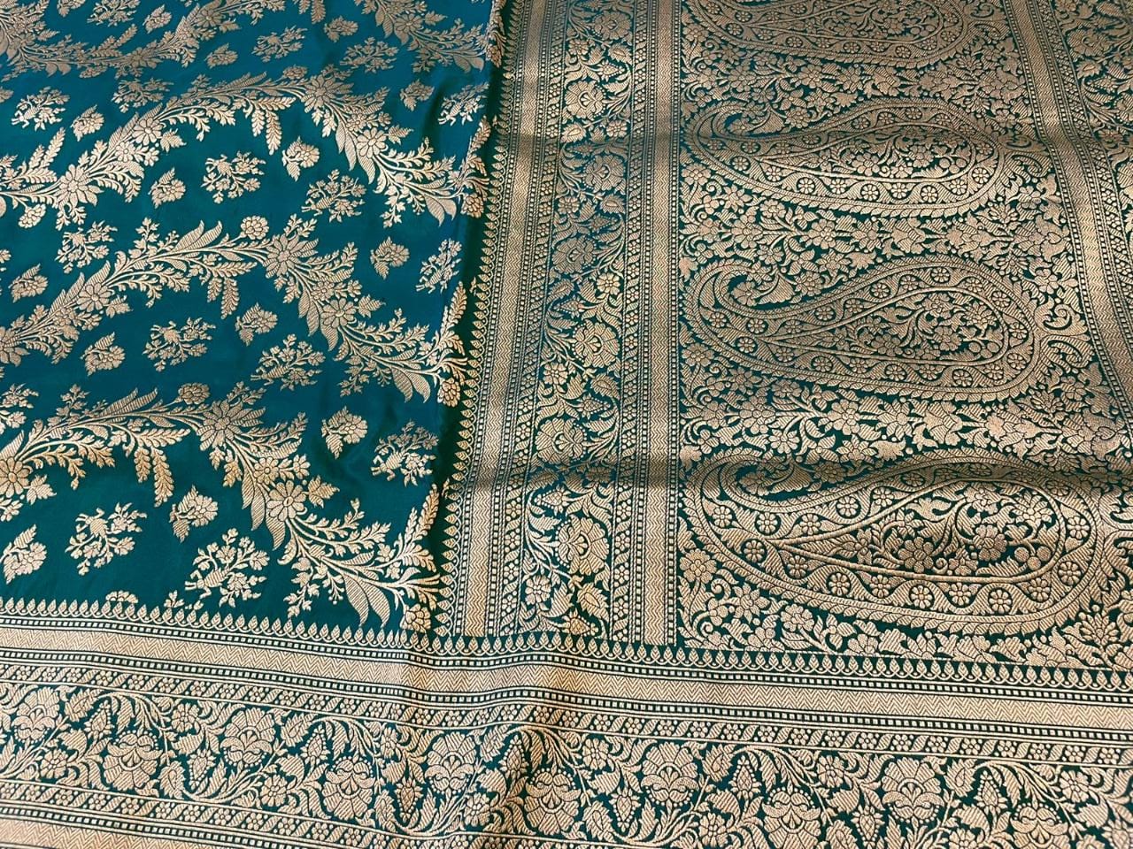 Blue Pure Katan Silk Handloom  With Jaal Banarasi Saree