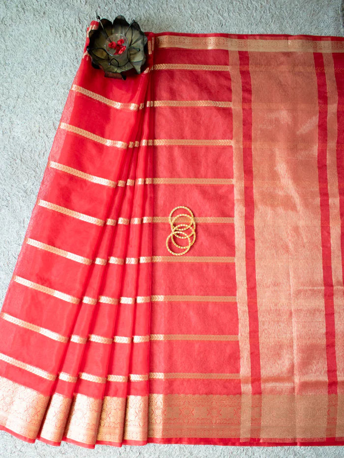 Red Stripe Golden Zari Weaving Banarasi Organza Saree