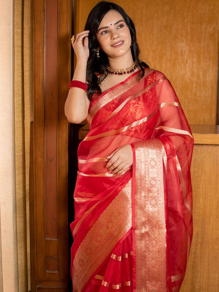 Red Stripe Golden Zari Weaving Banarasi Organza Saree