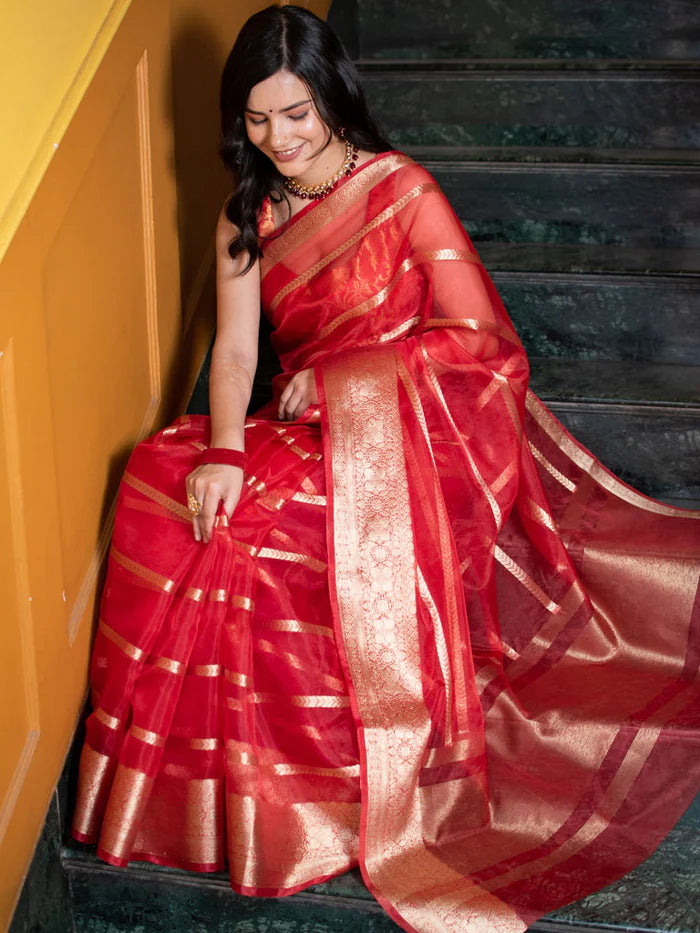 Red Stripe Golden Zari Weaving Banarasi Organza Saree