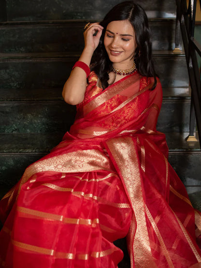 Red Stripe Golden Zari Weaving Banarasi Organza Saree