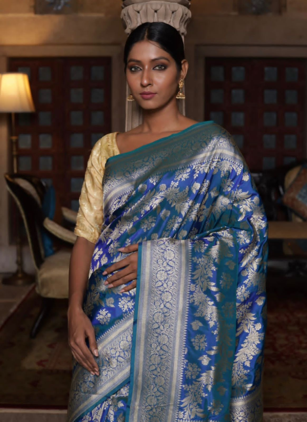 Blue Pure Katan Silk Handloom  With Jaal Banarasi Saree