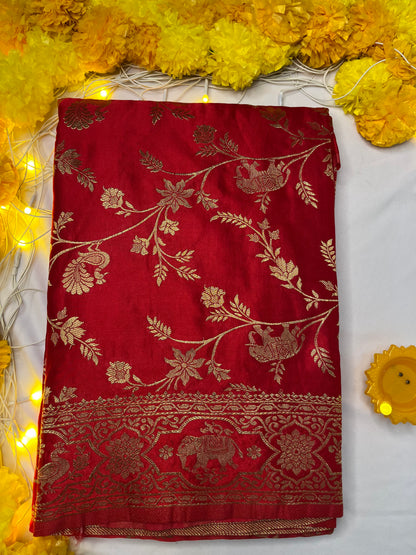 Red Banarasi Satin Silk Saree With Peacock Motifs