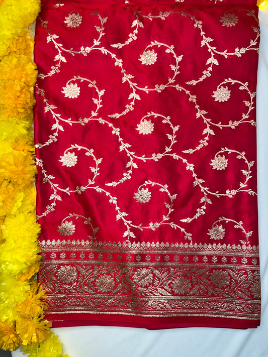 Red Banarasi Floral Jaal Work Katan Silk Saree