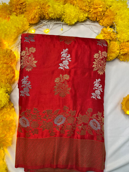 Red vertical Motifs Banarasi Satin Silk Saree