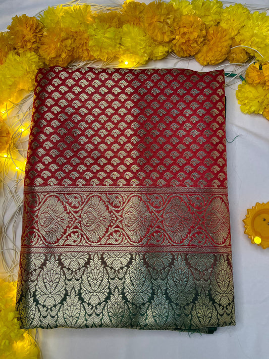 Red and Green Banarasi Silk Saree with golden zari work