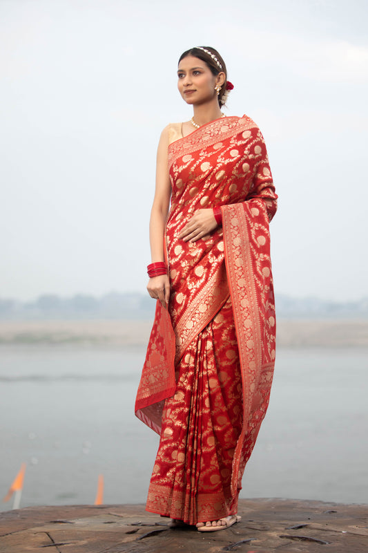 Red Khaddi Georgette Banarasi Silk Saree