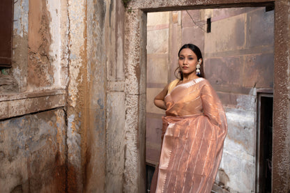 Peach Banarasi Tissue Silk Saree