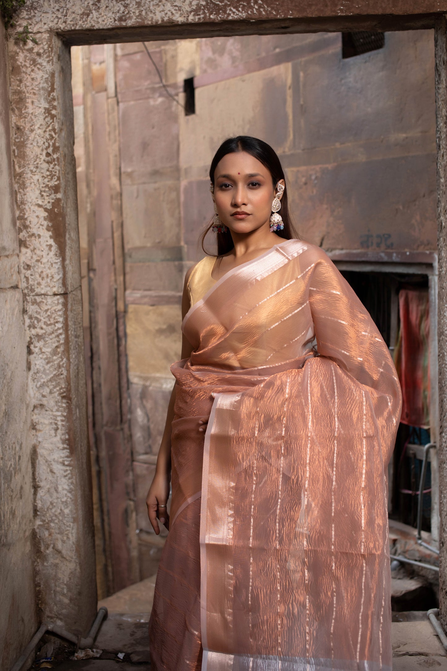 Peach Banarasi Tissue Silk Saree