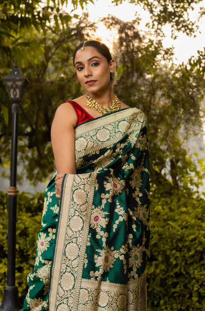 Green Meenakari Work Pure Katan Silk Banarasi Saree