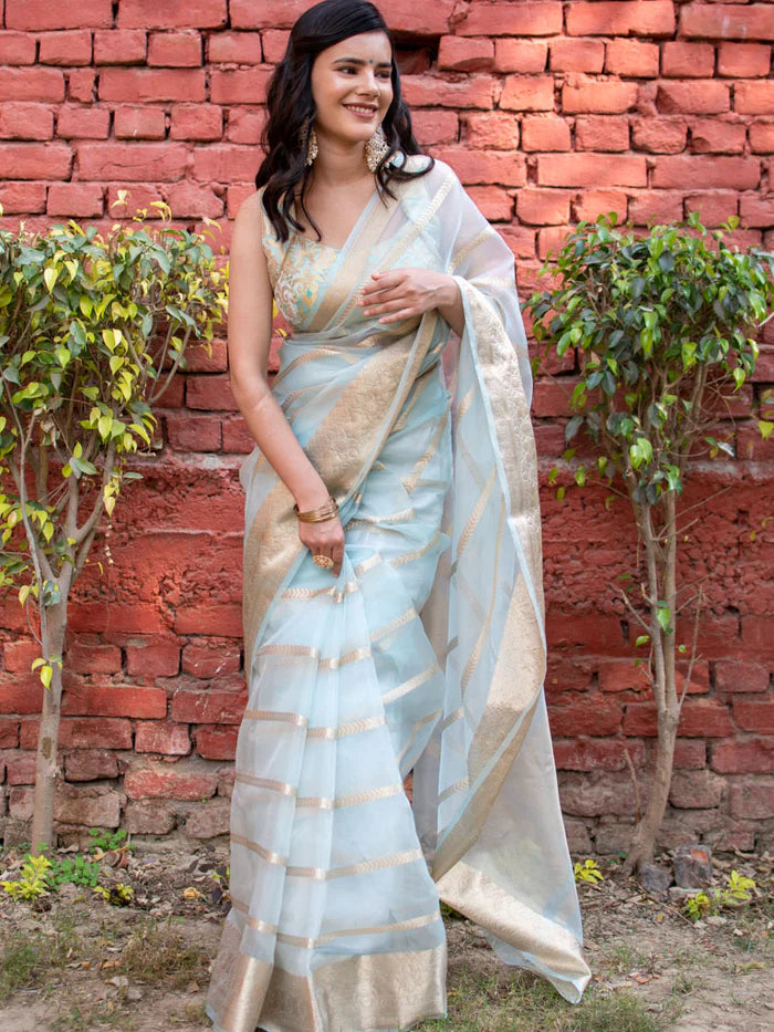 Red Stripe Golden Zari Weaving Banarasi Organza Saree