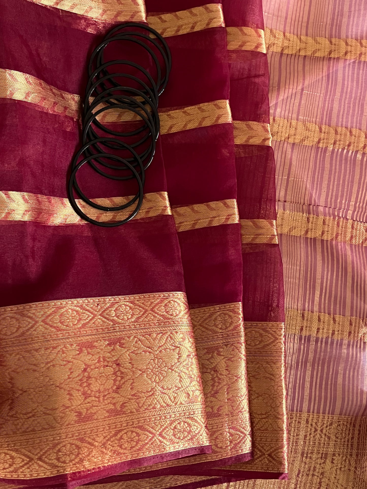 Red Stripe Golden Zari Weaving Banarasi Organza Saree